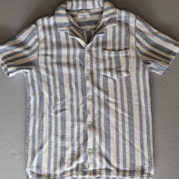 Vintage Summer Blue & White Textured Striped Short Sleeve Button Down Shirt Sz M - Picture 5 of 11